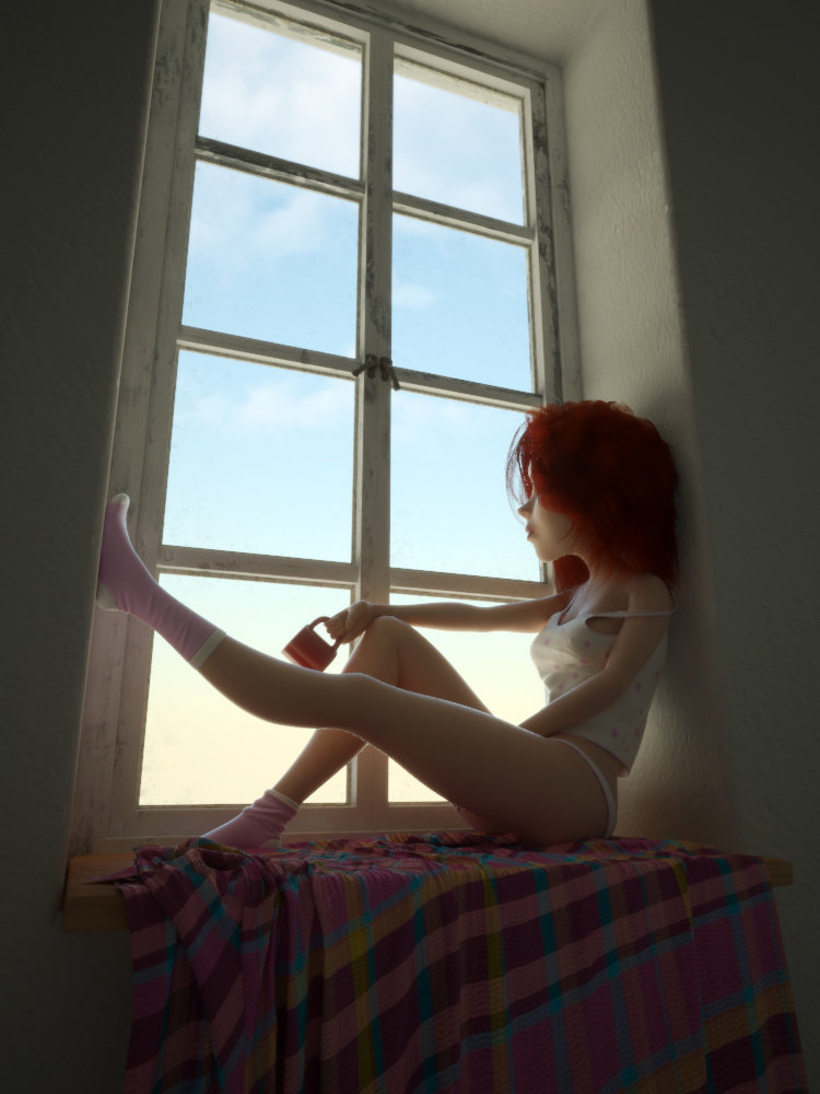 Высокая рыжая девушка оголяеться и позирует у окна
