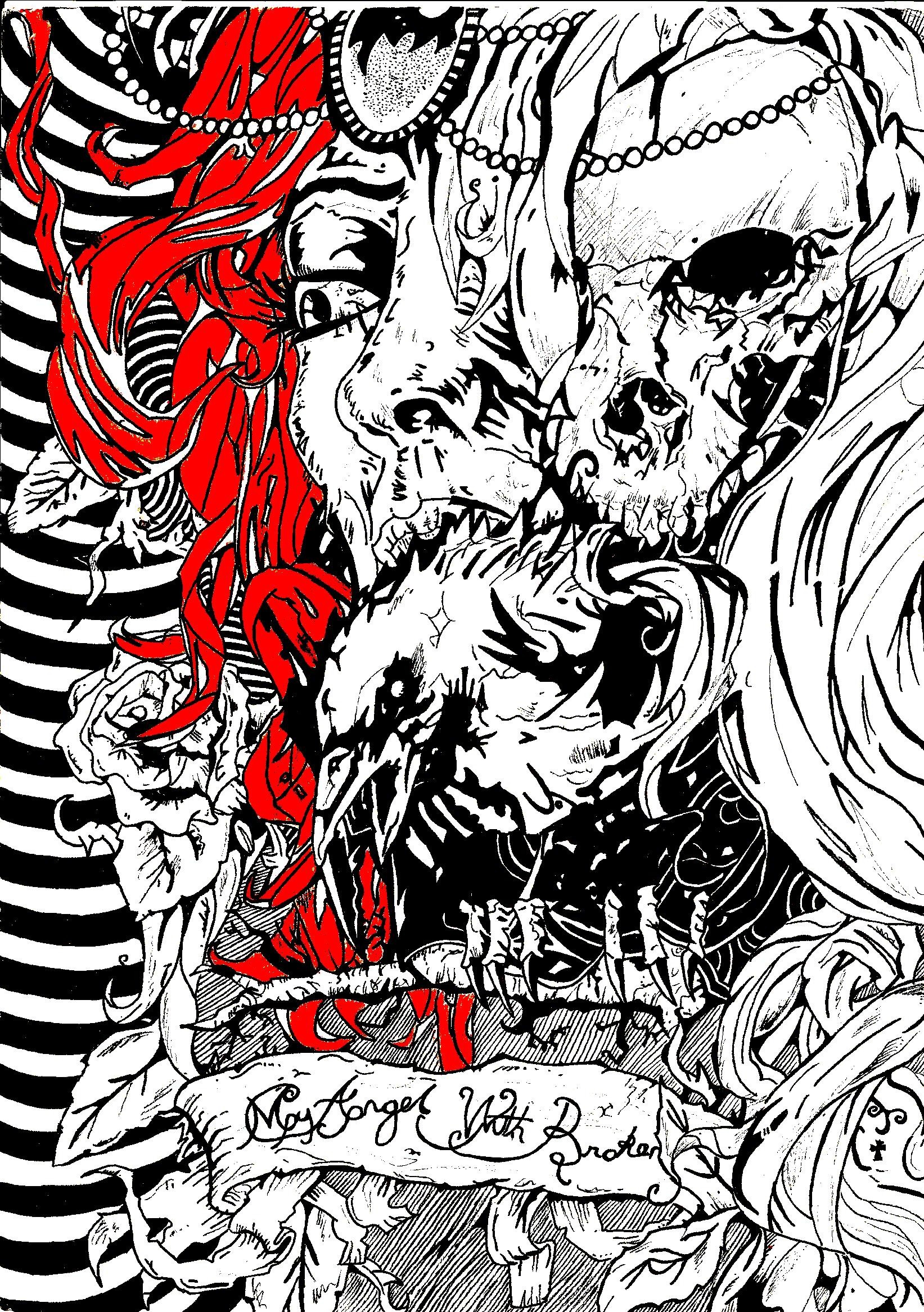 ArtStation "Death" drawing and coloring with black and red marker