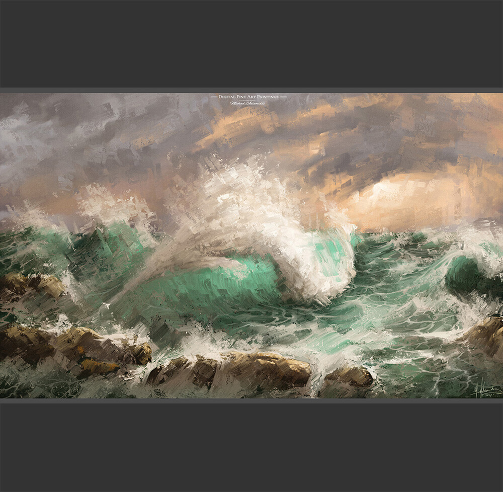 Wild Evening Sea Digital (Photoshop) Oil Painting of Waves / Sea