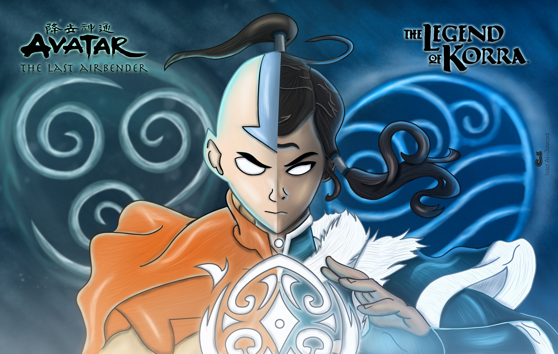 A Portrait Painting of the two Avatars Aang and Korra from the last air ben...