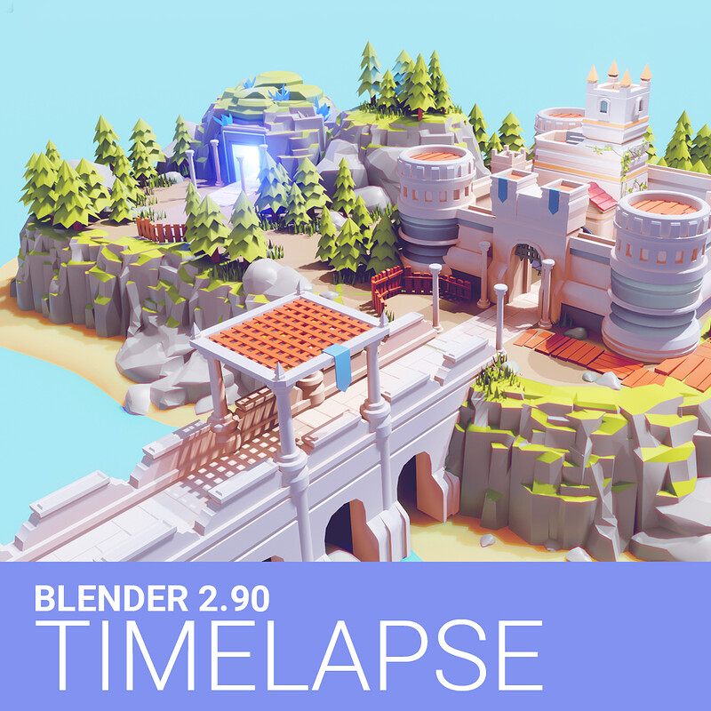Timelapse Low Poly CASTLE on a CLIFF in Blender 2.90 | Low Poly Game Art in Blender 