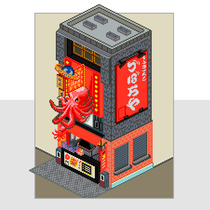 Artstation isometric pixel art buildings with octopus