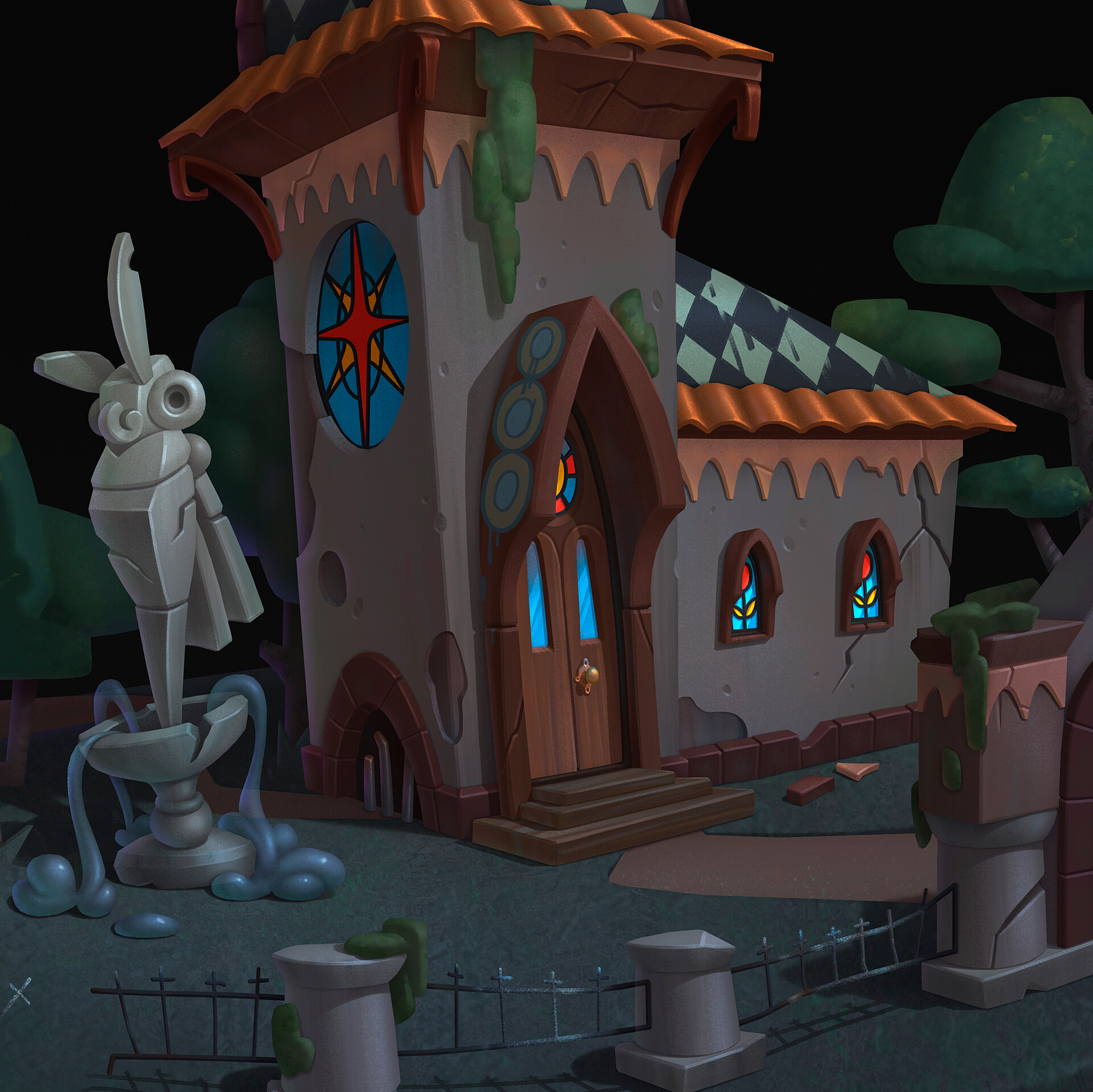 ArtStation Mr Moth`s Mansion, his portrait and a fountain