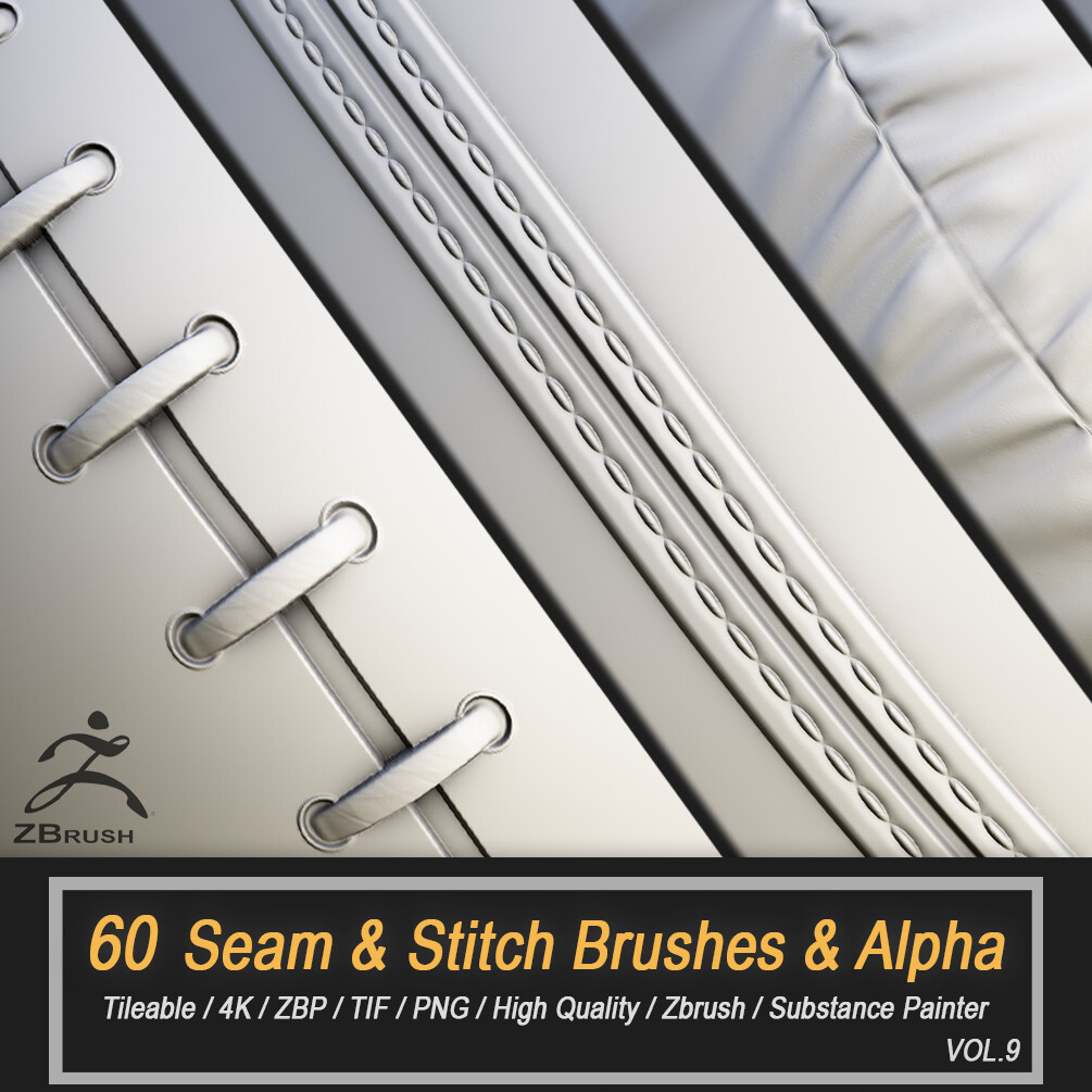 60 Seam & Stitch Brushes & Alpha (Tileable - 4K) VOL.9