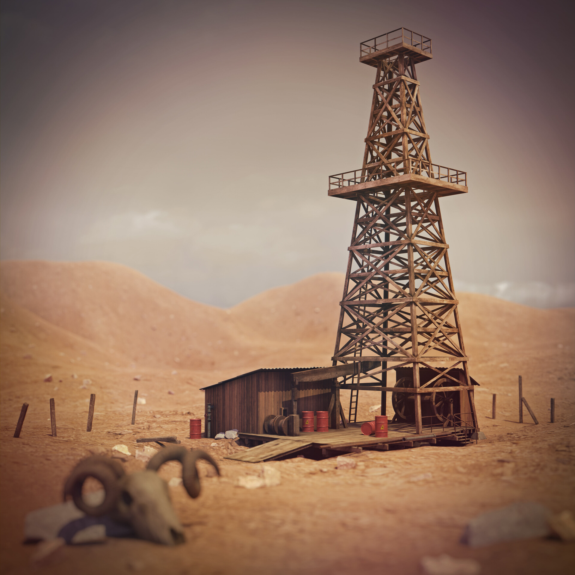 ArtStation - 3d Modeling of an old wooden oil derrick