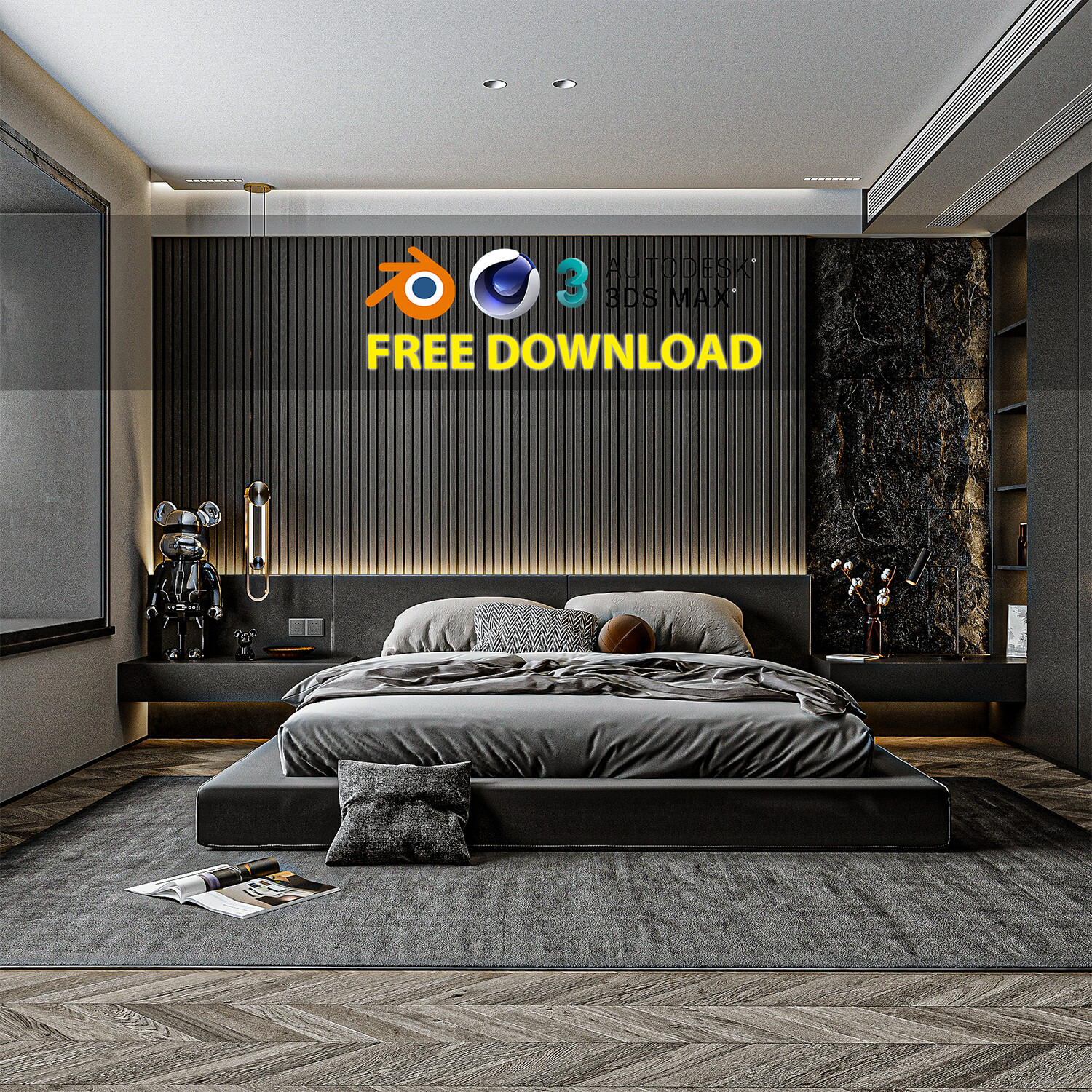 Black modern bedroom - Free Download ( 3Ds MAX - Blender - Cinema4D - FBX - OBJ )