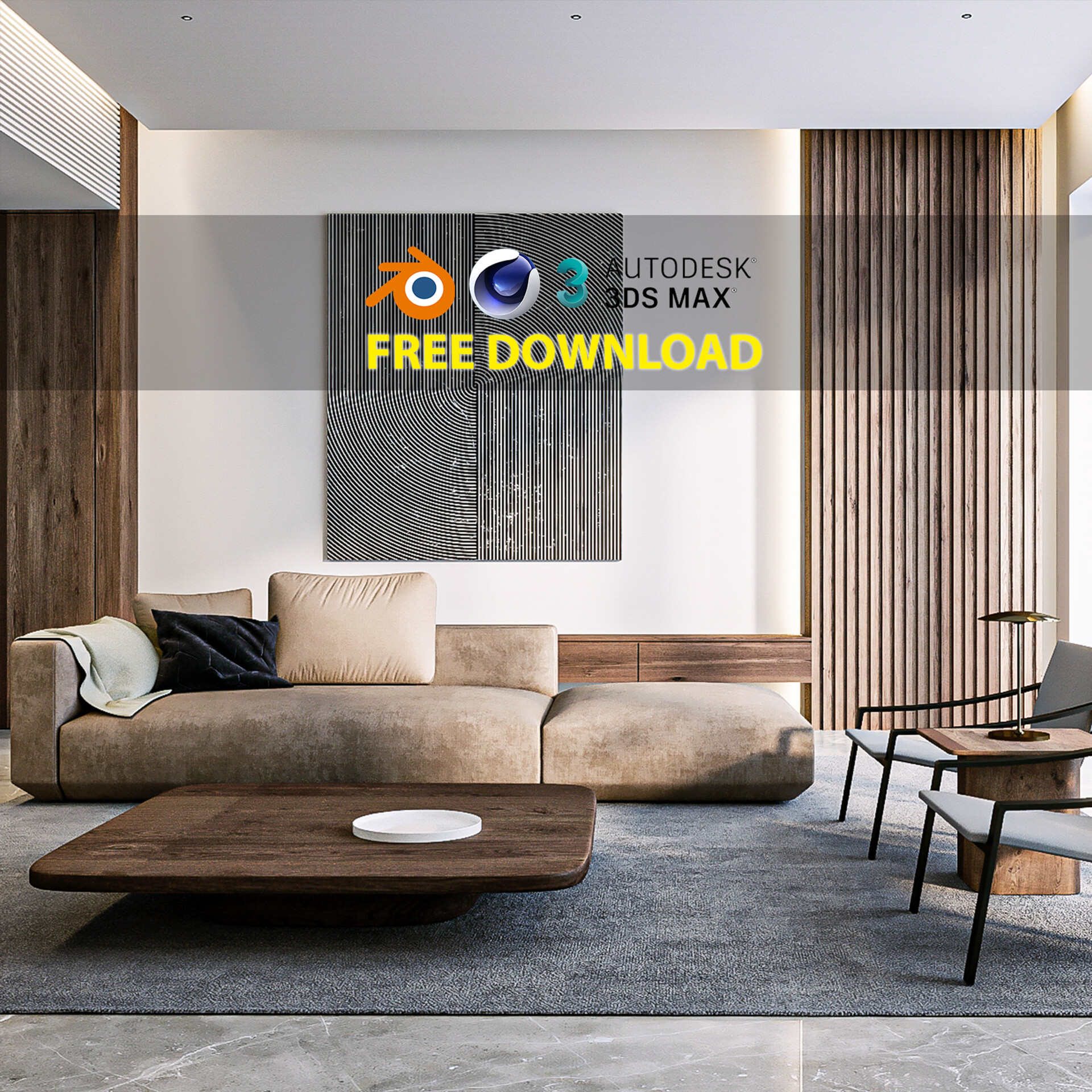 Simple Living Room - Free Download ( 3Ds MAX - Blender - Cinema4D - FBX - OBJ )