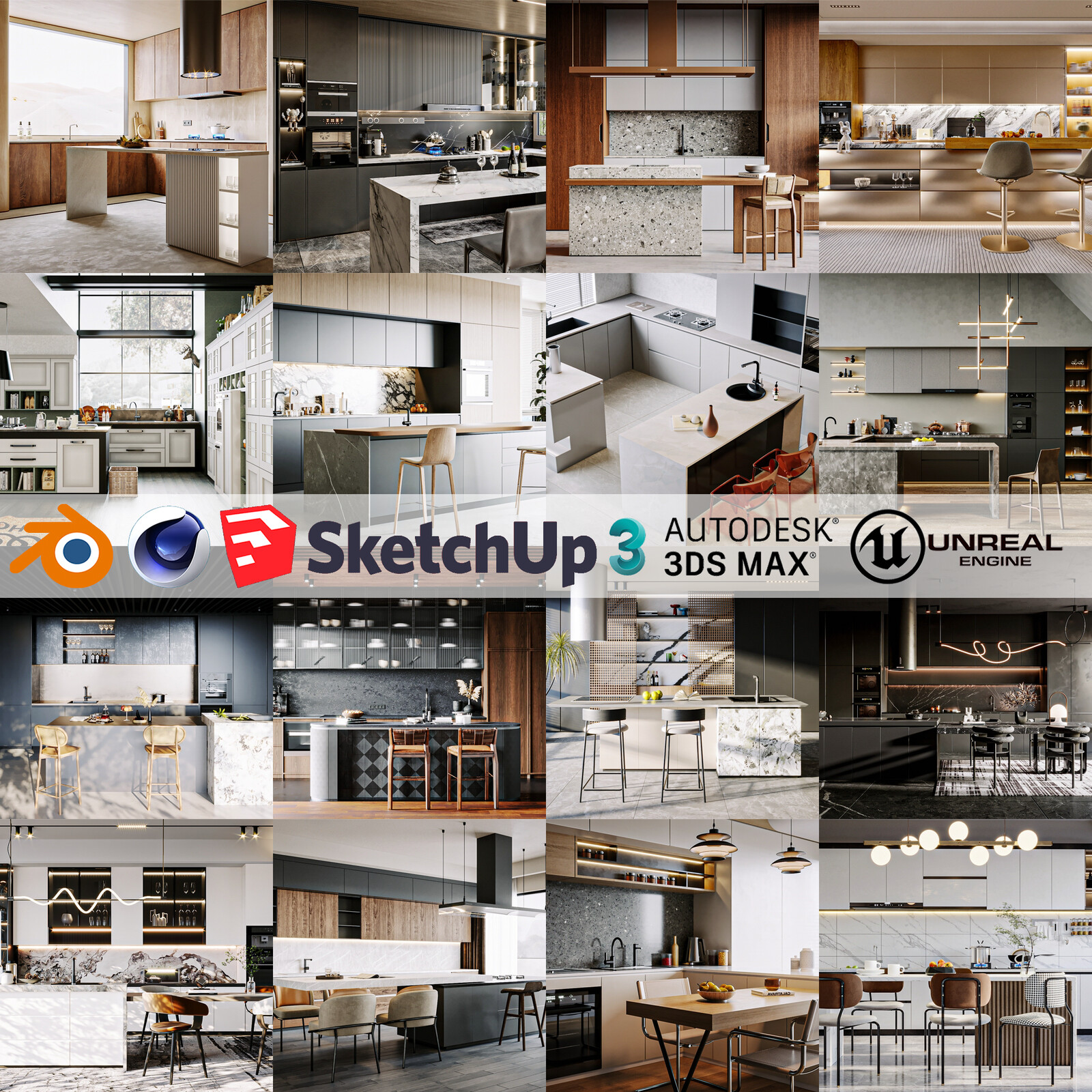 Kitchen Pack - 16 Models (Unreal Engine - Blender - Cinema4D - Sketchup- 3DsMax - FBX - OBJ)