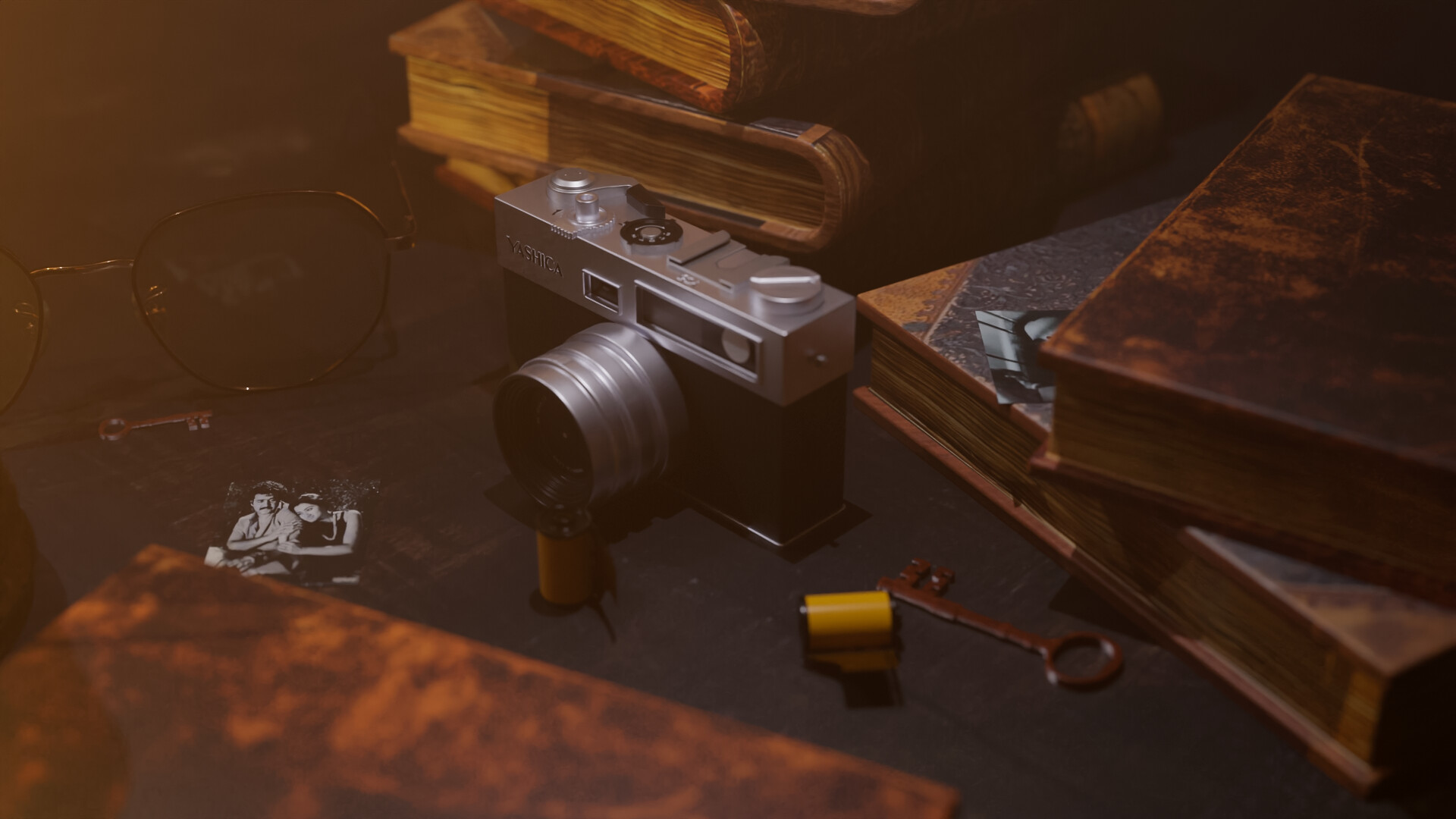 ArtStation - 3D Rendered Vintage Table Setting with Camera, Photographs ...