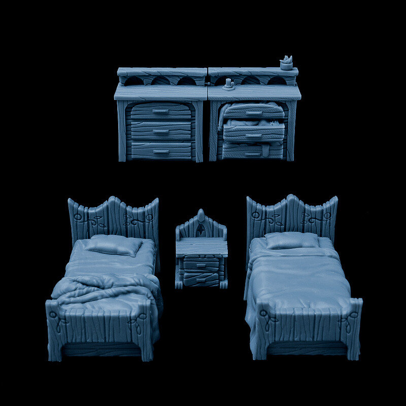 Fantasy Bed and Dresser - 3D Printable Minis for Tabletop Games