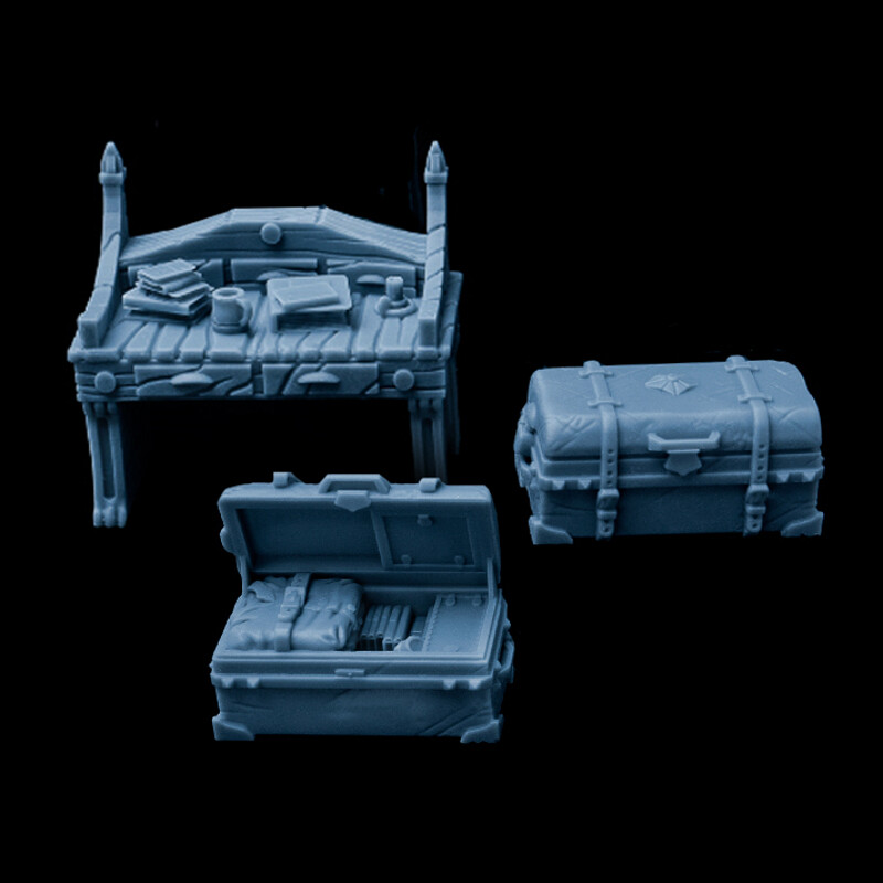 Fantasy Trunk & Work Desk - 3D Printable Minis for Tabletop Games