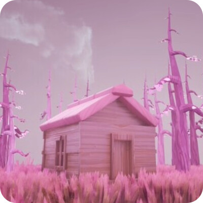 Stylized Pink Cabin Scene (With Moving Grass)