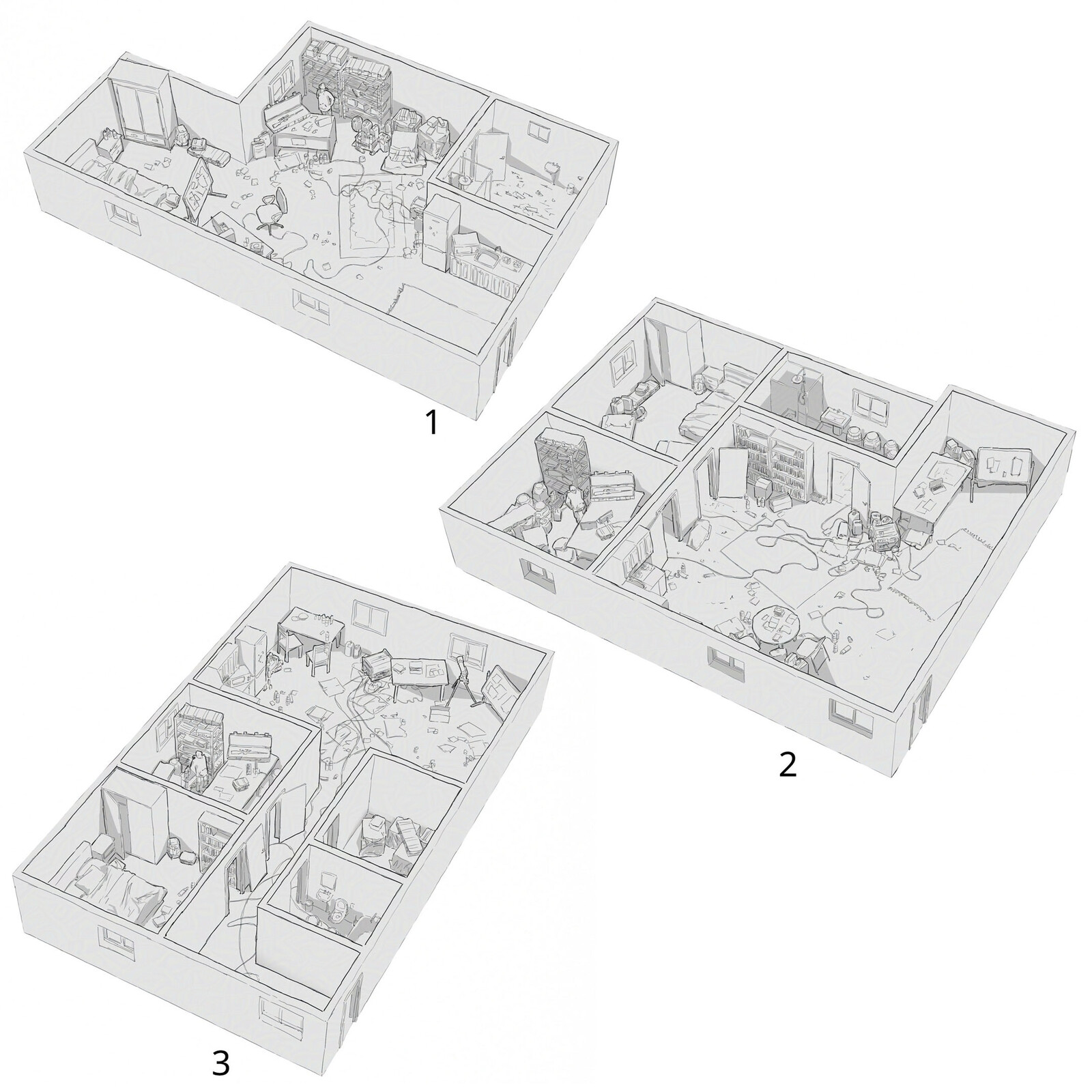 Post apocalyptic apartment interior sketches