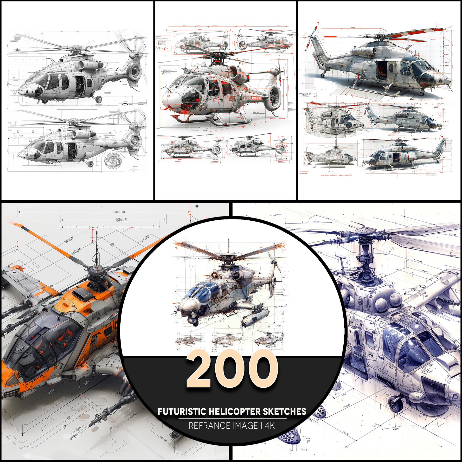 Pixel Ref - Futuristic Helicopter Sketches 4K Reference/Concept Images