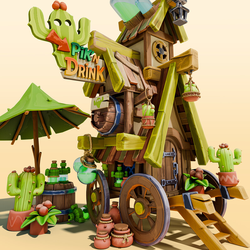 Stylized 3D Prop – Cactus Juice Wagon