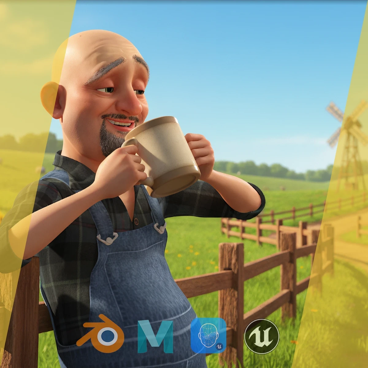 Country man character cartoon semi-realistic sculpture Low-poly 3D model
