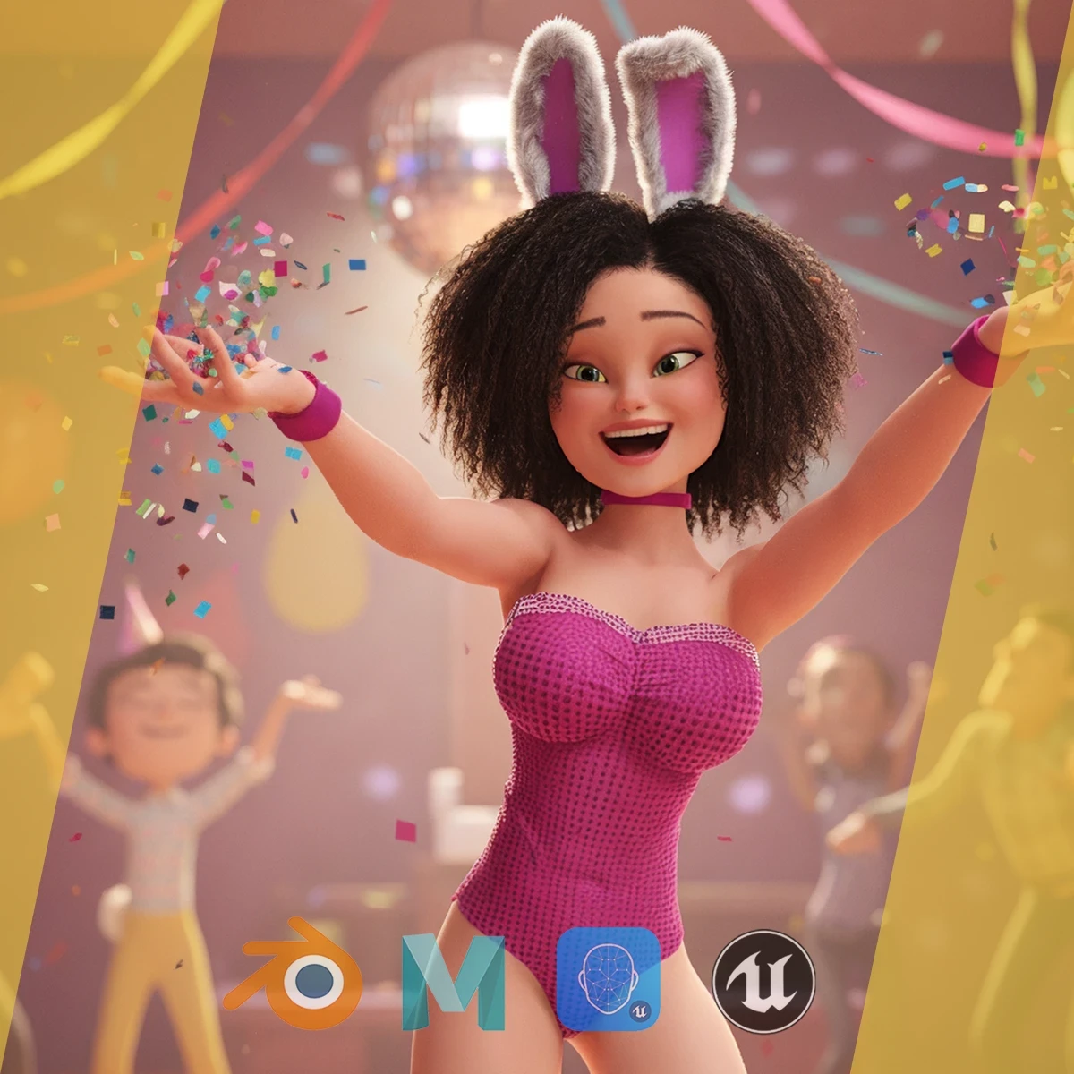 Stylized Curly-Haired in Bunny Outfit Girl stylized figure Low-poly 3D model