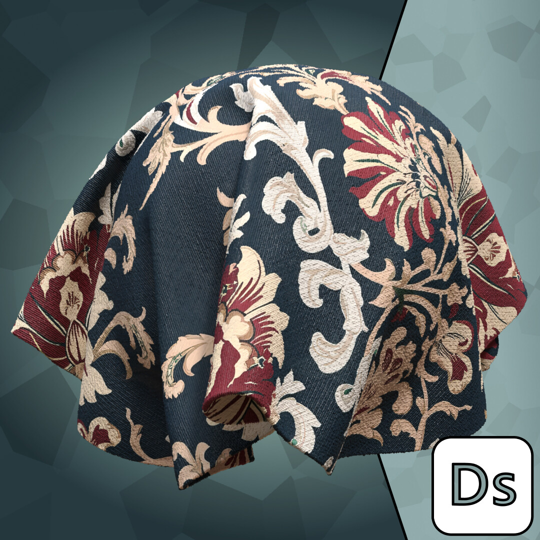 Victorian Damask Floral Blue Fabric