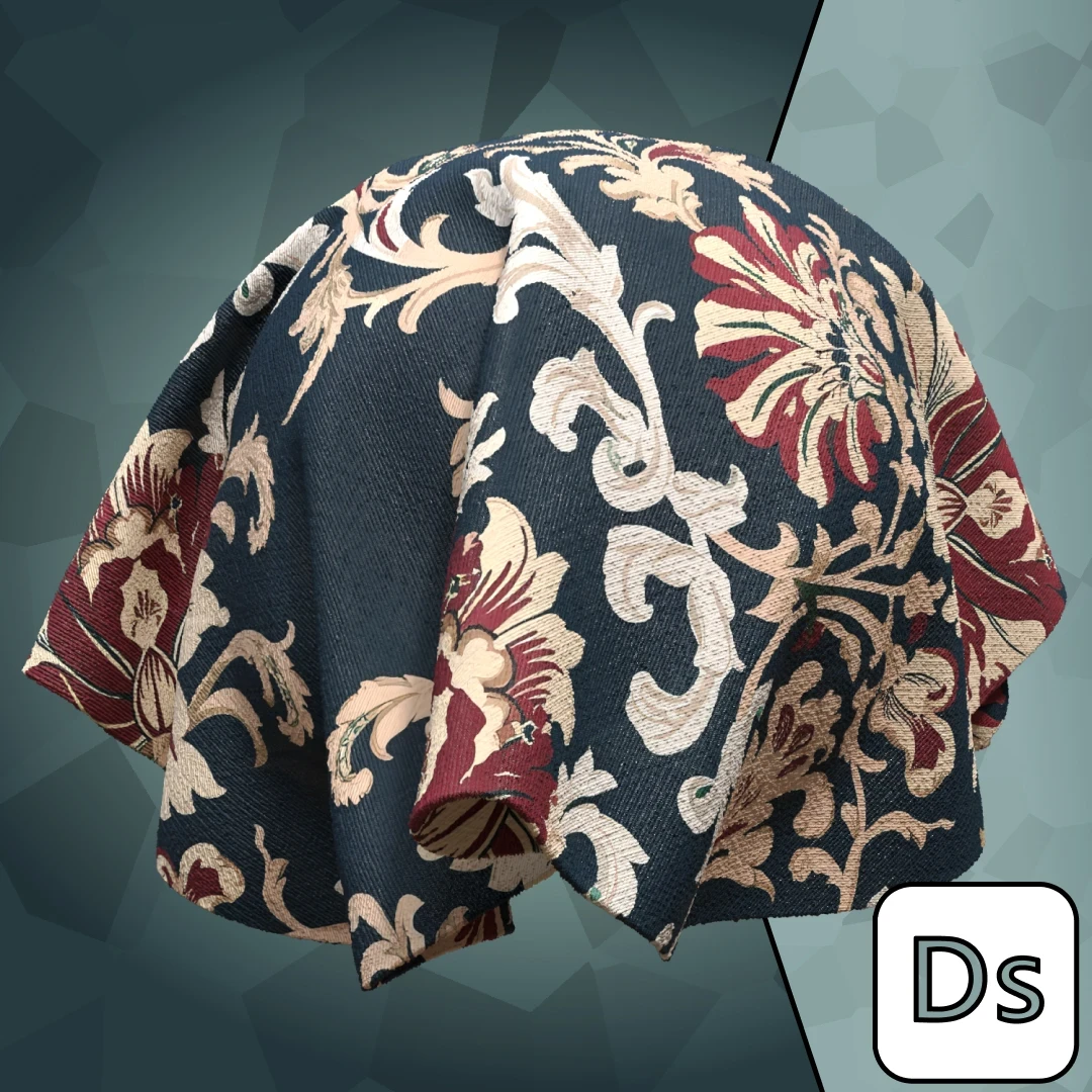 Victorian Damask Floral Blue Fabric