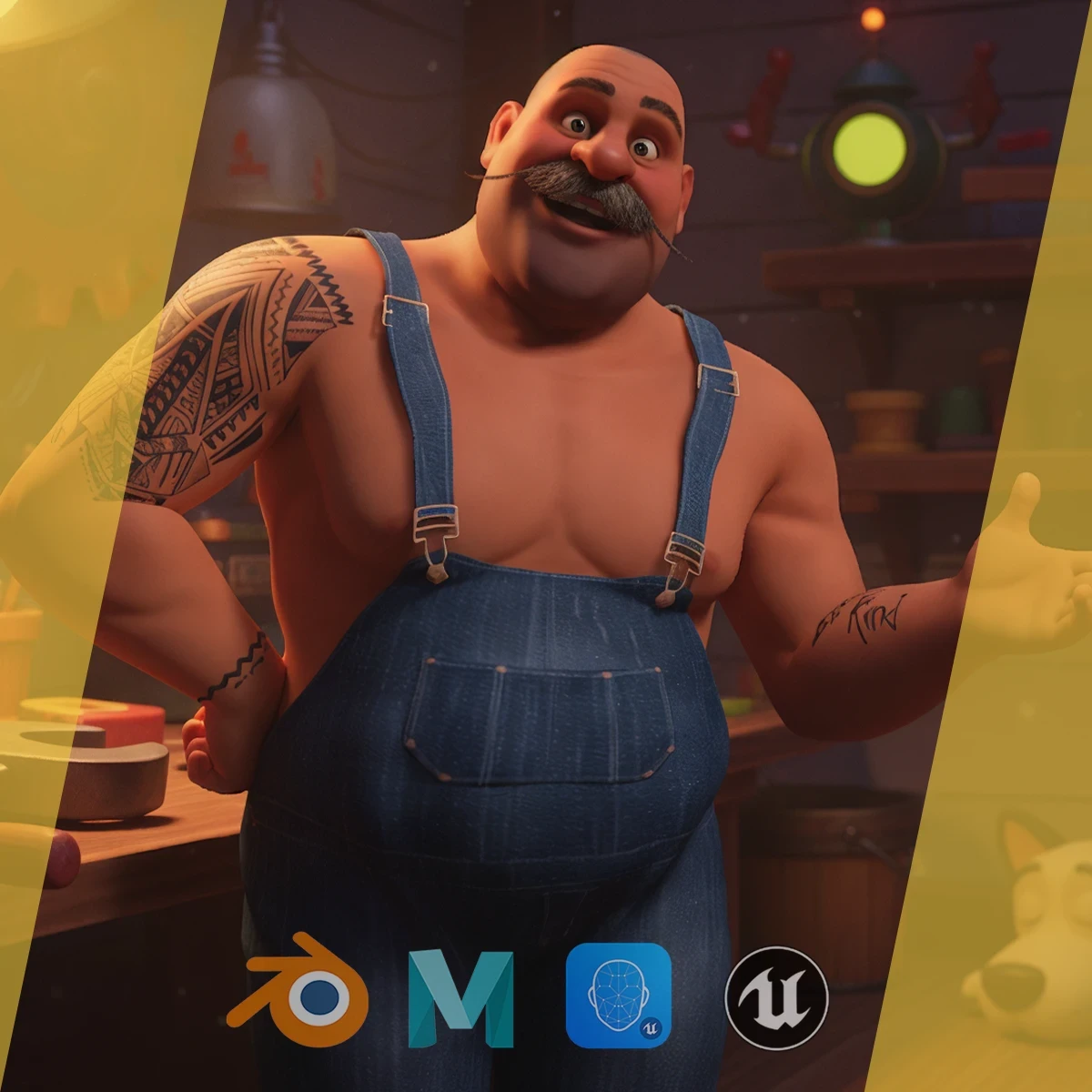 Cartoon Muscular Farmer with Tattoo and Moustache