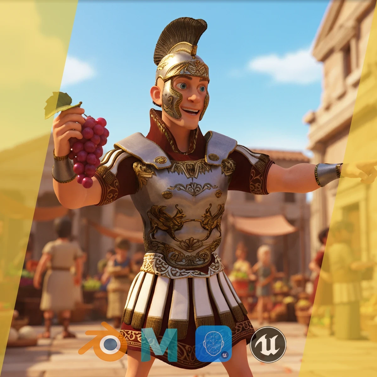 Cartoon Roman soldier in armor with battle outfit