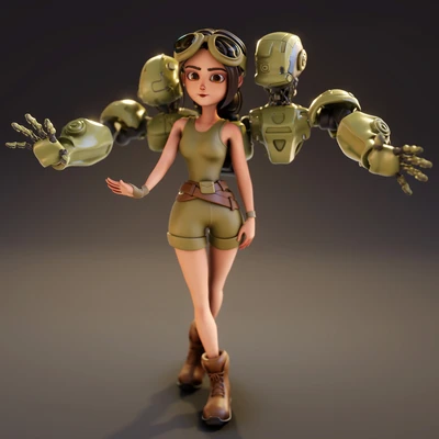 Rigged Stylized Girl with Machine Arms - Blender