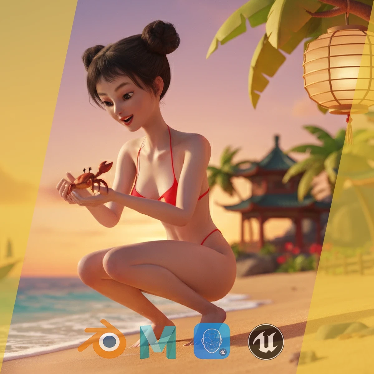 XII Asian Elegance - girl Woman RealTime japanese korean Chinese Low-poly 3D model
