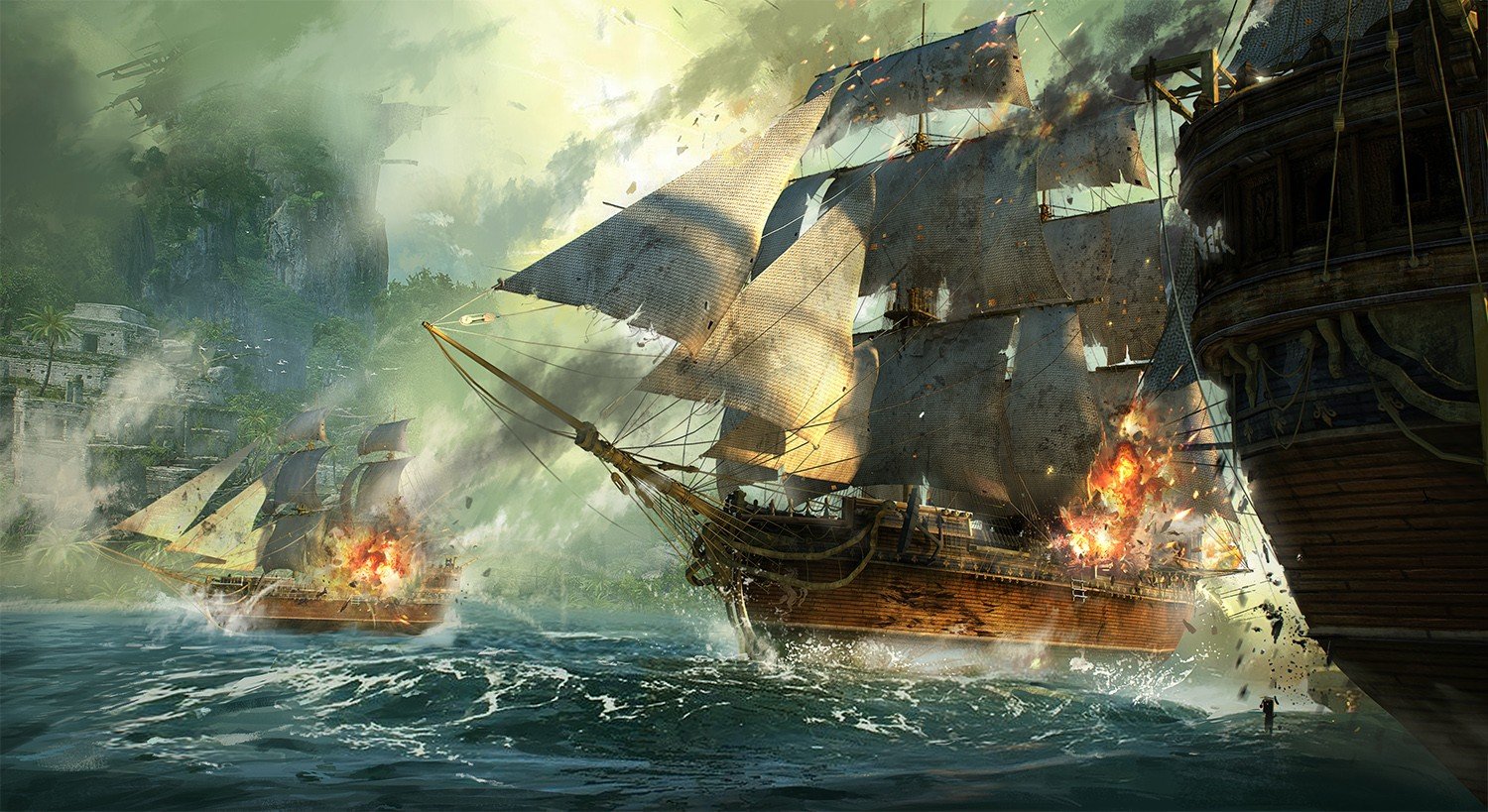 галеон корабль фэнтези арт. морские баталии пираты. пираты карибского моря морской бой. корабли сражаются. корабли сражаются.