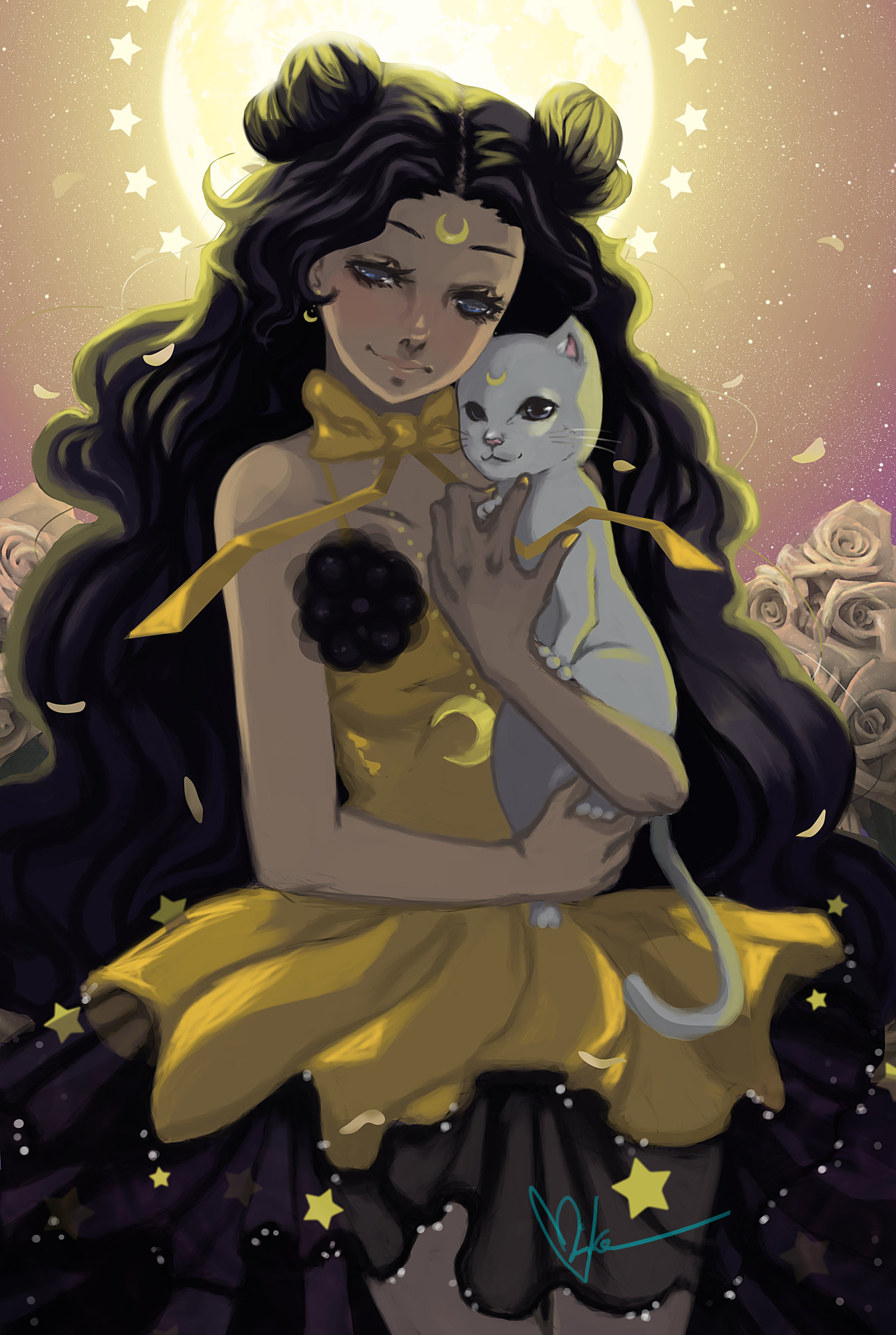 A fanart of Luna from Sailormoon holding Artemis.