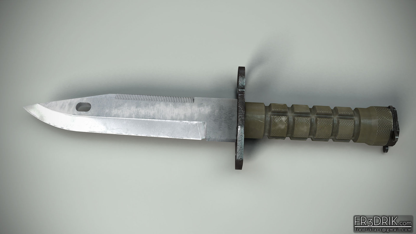 M9 combat knife. Mostly maya modelling with just a small detail pass in zbrush.