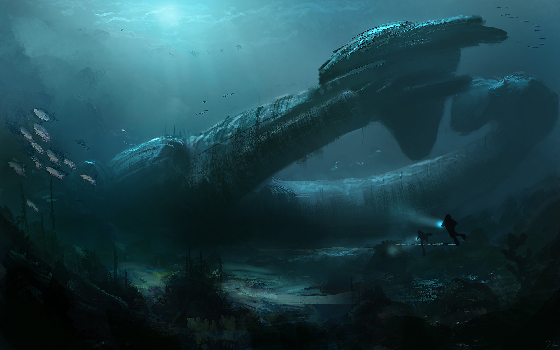 artstation-spaceship-crash-into-the-ocean-denis-loebner