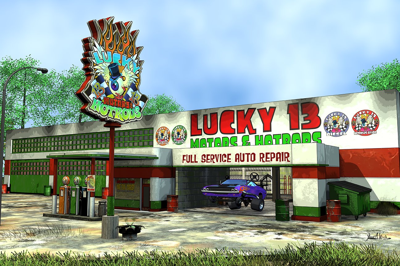 Lucky 13 Motors and Hotrods Garage Animation Background