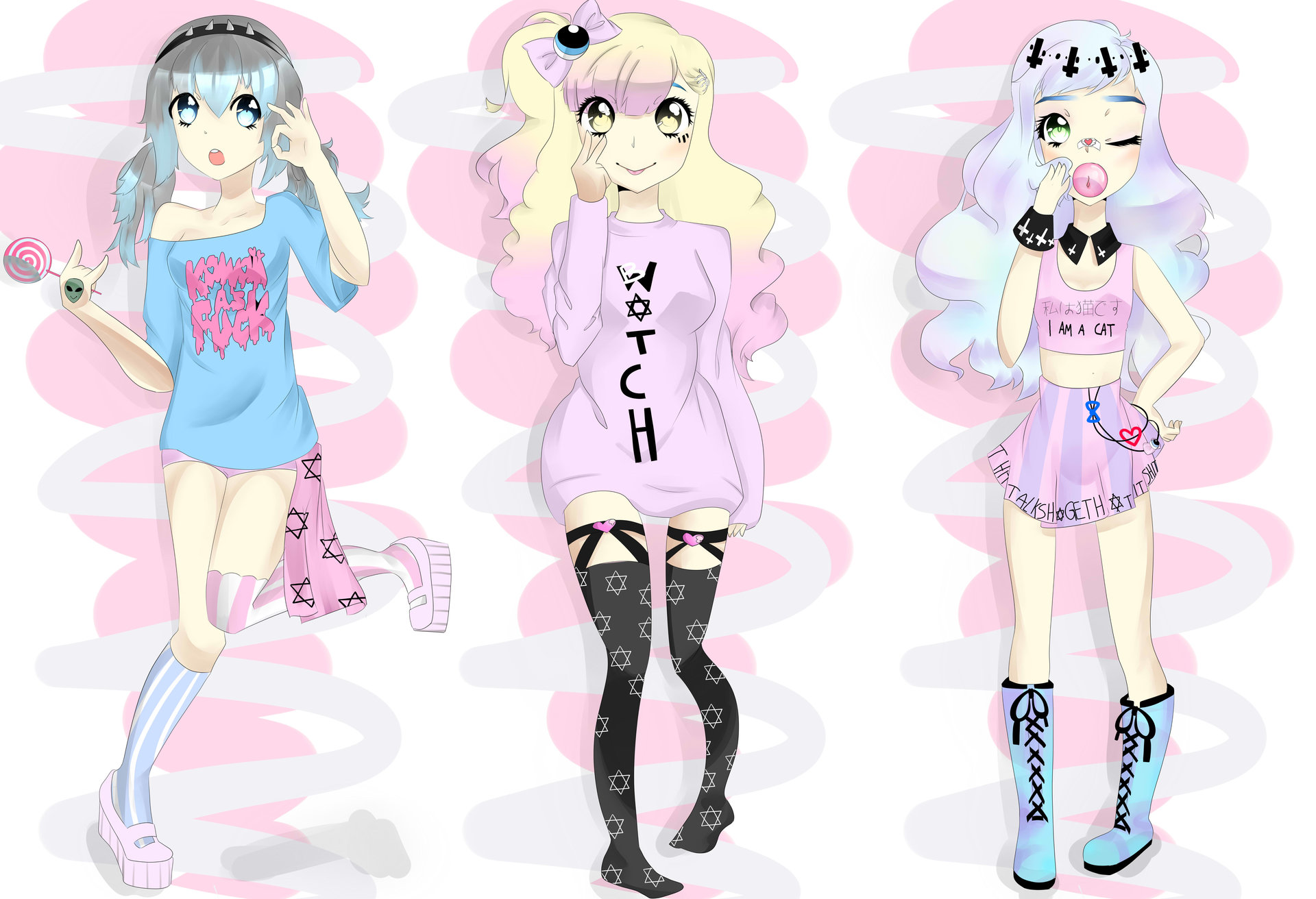 Pastel goth edition of 3 of my main OCs. 