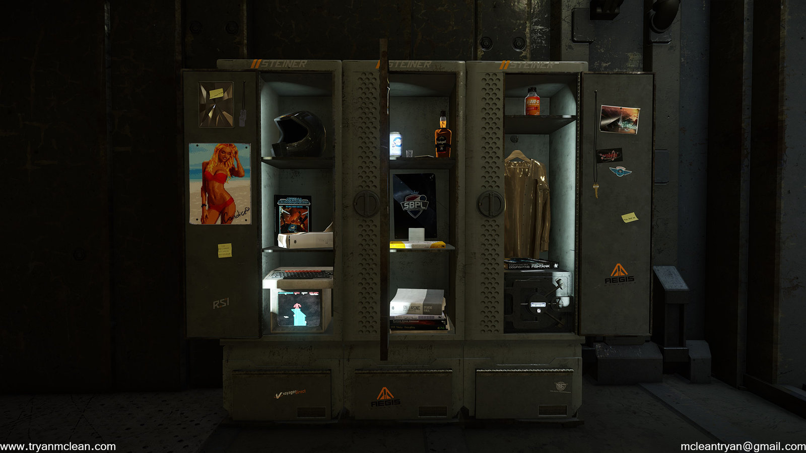 Star Citizen Subscriber Flair Locker. Modelling by myself, except gold shirt and safe. Textures and blending done by others on team. 