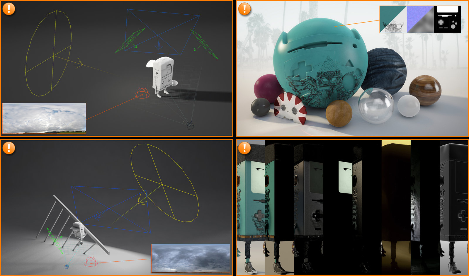 Left: Lighting setups   |   Right: Materials and Render passes