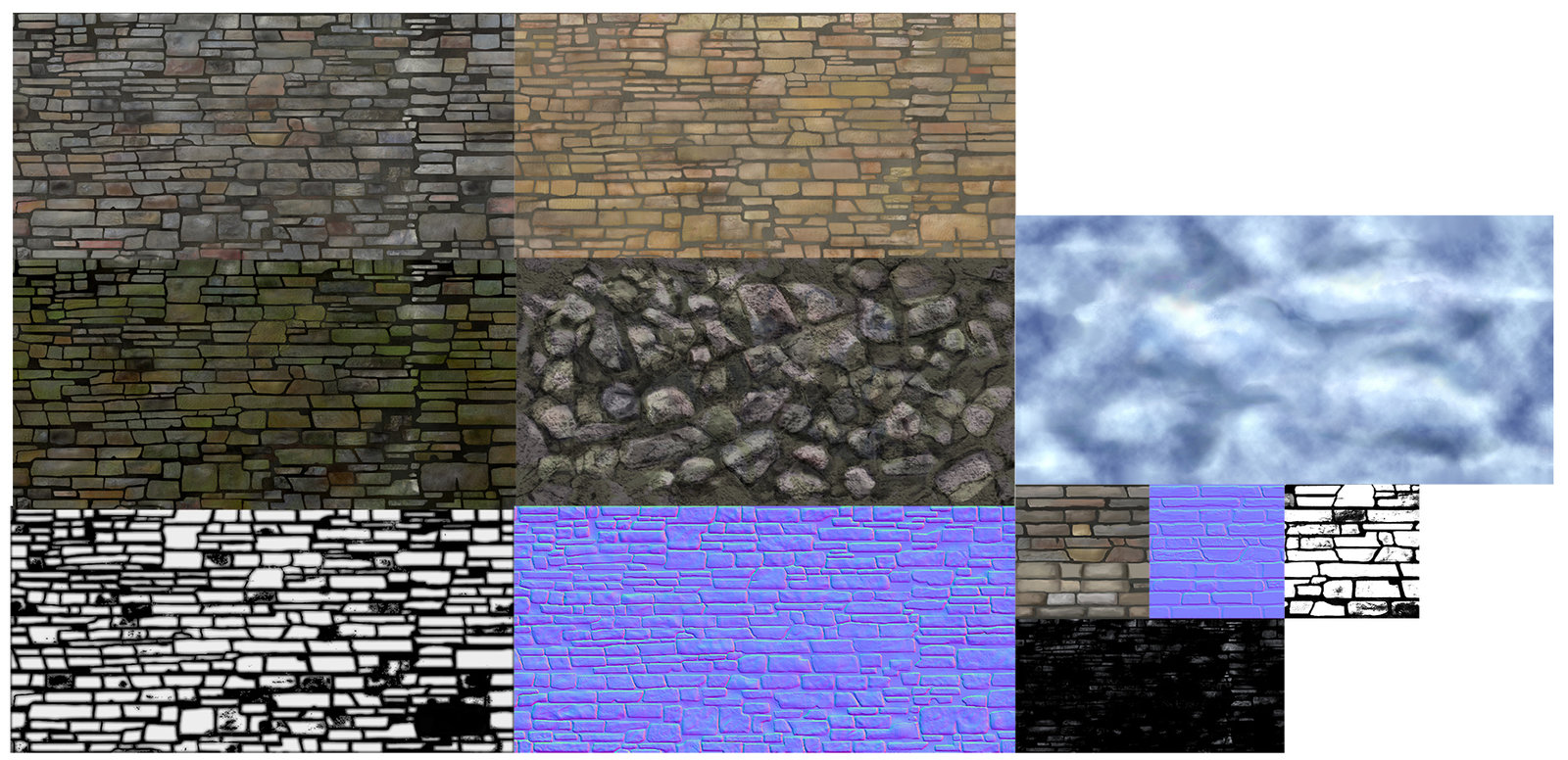 Wall texture samples. I created a brick alpha in Photoshop which I then exported to zBrush, sculpted, and then baked onto flat texture planes.
