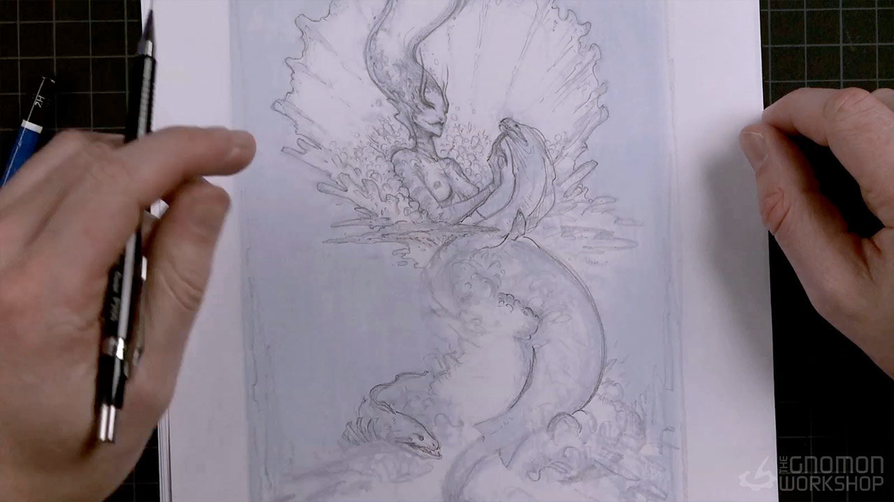 Step 3: Blow up thumbnail, print, pencil in linework 