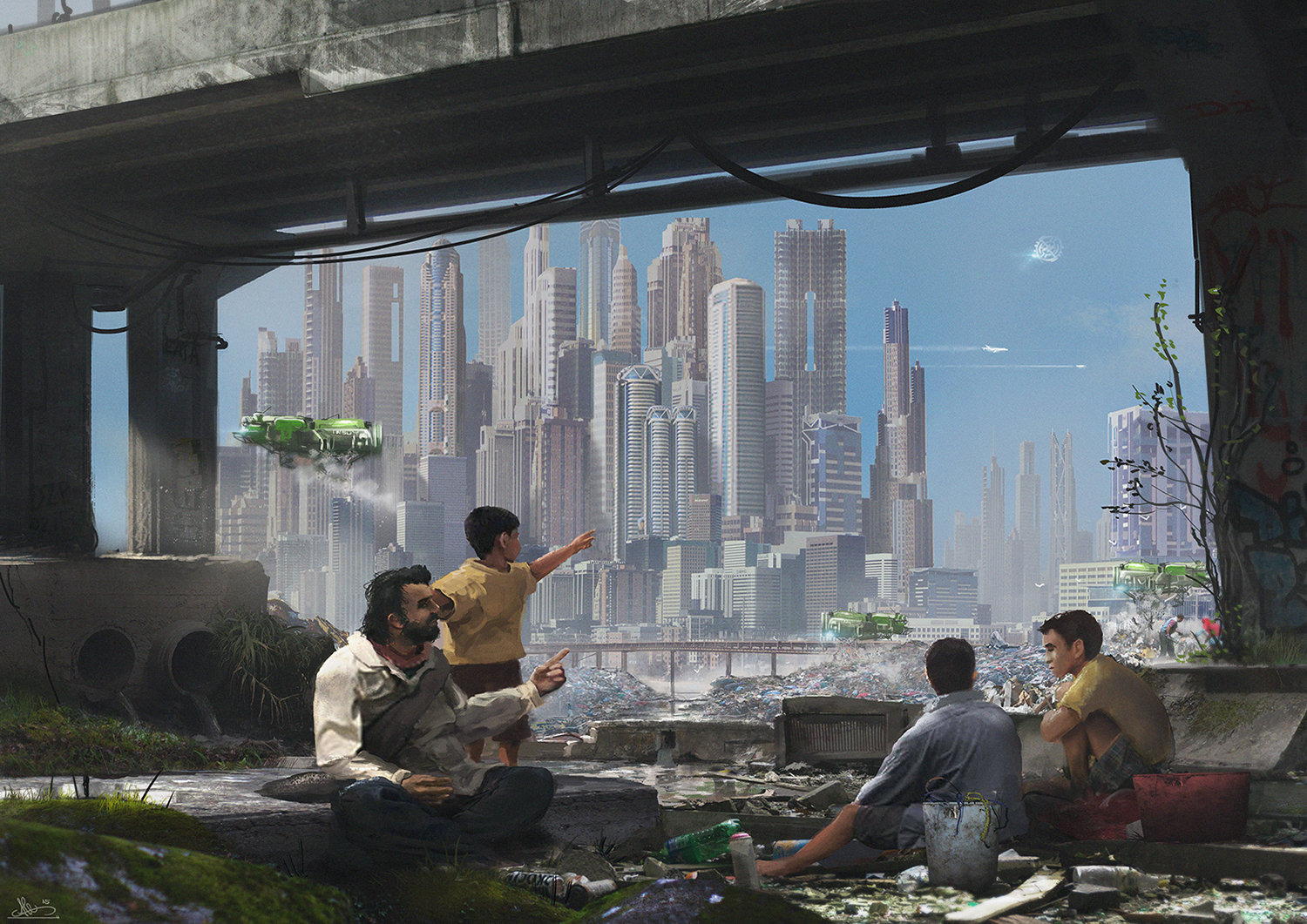 You can see a father trying to explain to his sons what are they looking at the sky, space stations and supersonic planes. things that contrast with the poverty world in which they live.

Winner Illustrafuturs II