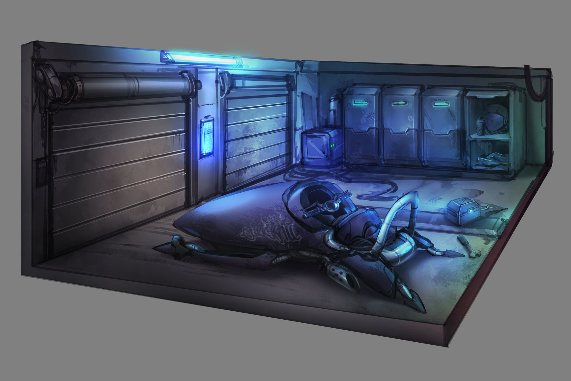 гараж киберпанк. секретная комната cyberpunk 2077. гараж в стиле киберпанк. интерьер в стиле киберпанк. киберпанк автомастерская.