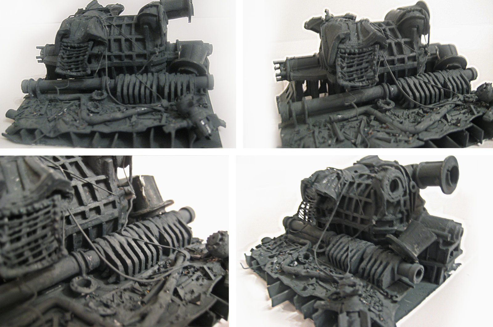 Turbine engine on its bedplates with wreckage applied.  The Thrust block for the starboard wing Prop is visible at its base.