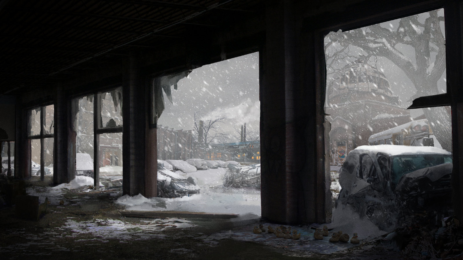 Finishing touches, Tree, haze, falling snow, and lights on the factory
