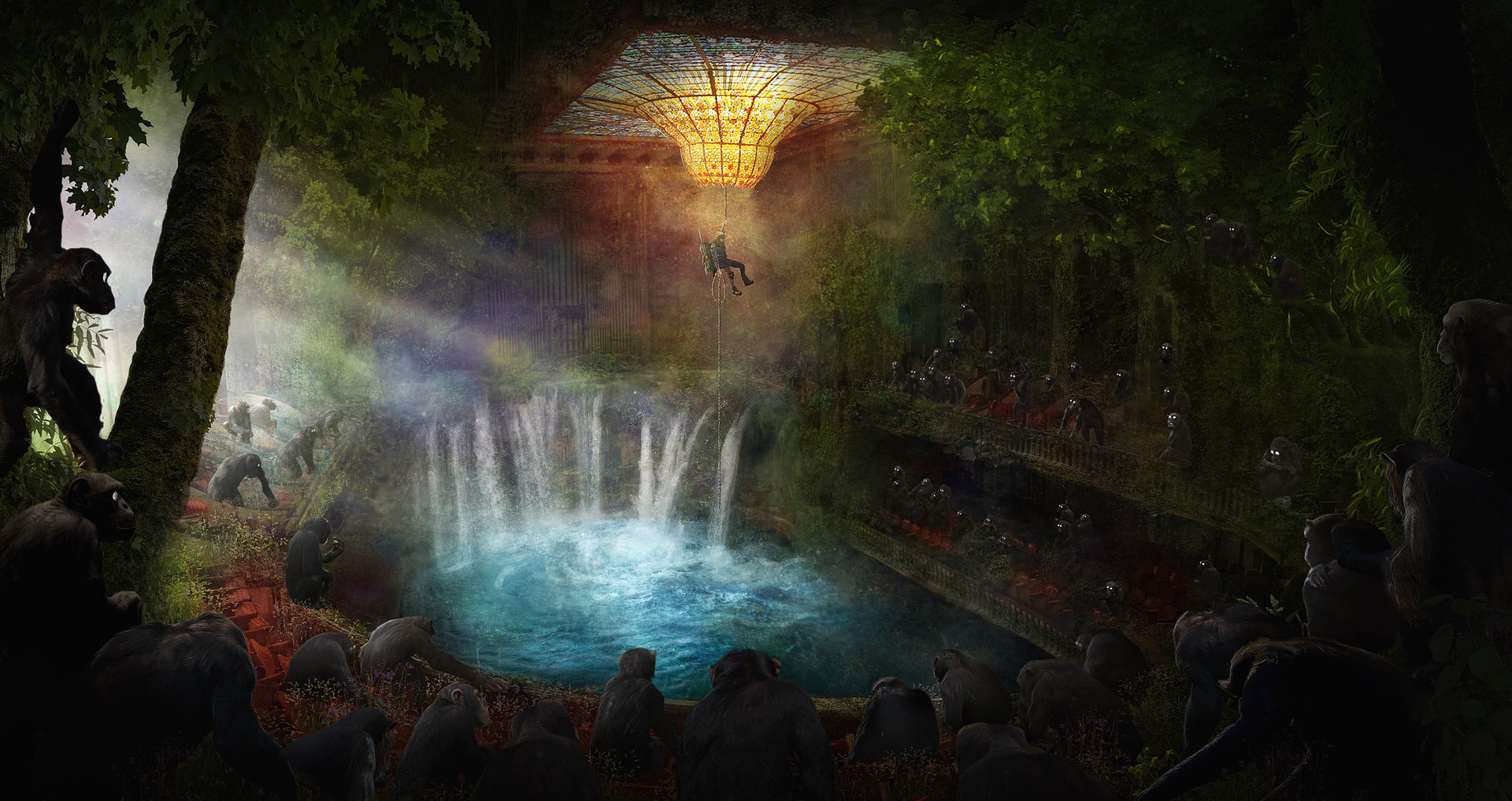another similar wasteland image; a man abseiling into an auditorium filled with monkeys