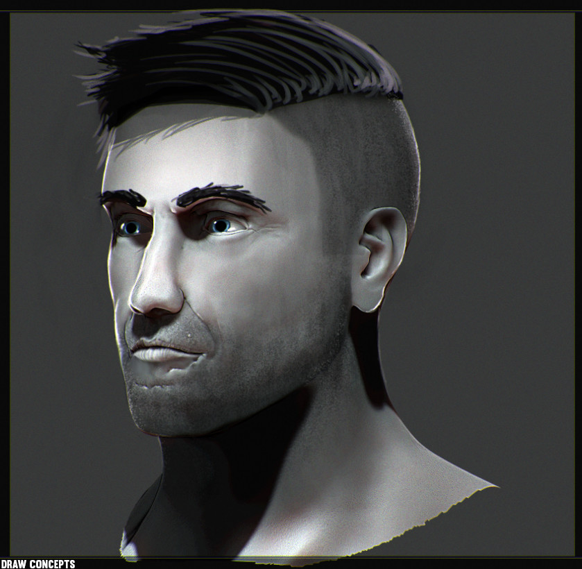 Started facial detailing and moved over to photoshop for quick concept just to flush him out a bit more. I've since modified his face a little. The eyes are much different, but I'll save that for another update soon.