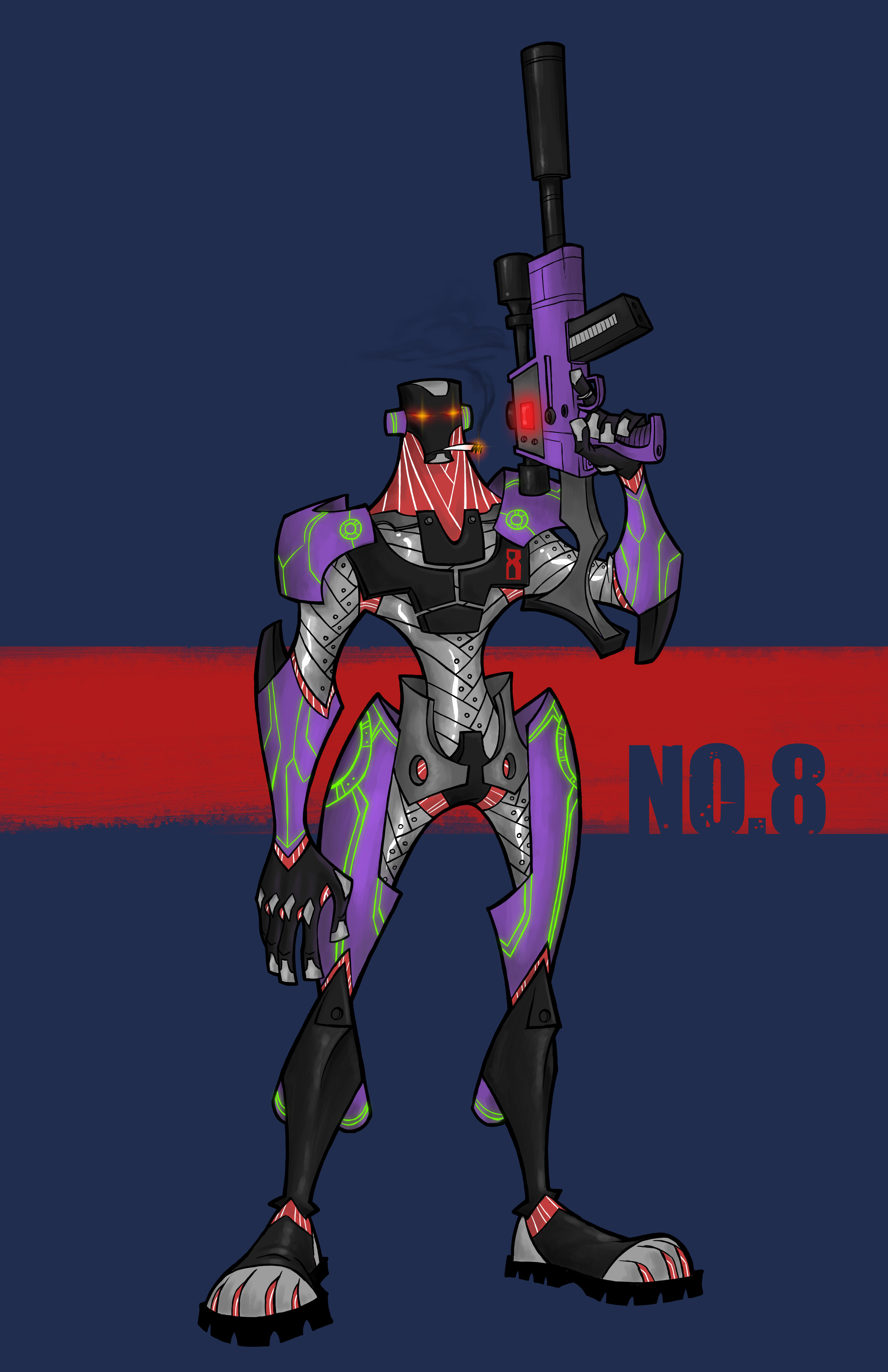 The hero, Assassin No. 8 is the 8th iteration in F.O.R.C.E's advanced cyber-soldier program and the most advanced artificial being in existence. He, along with his comrades, fights to protect the world of the future.
