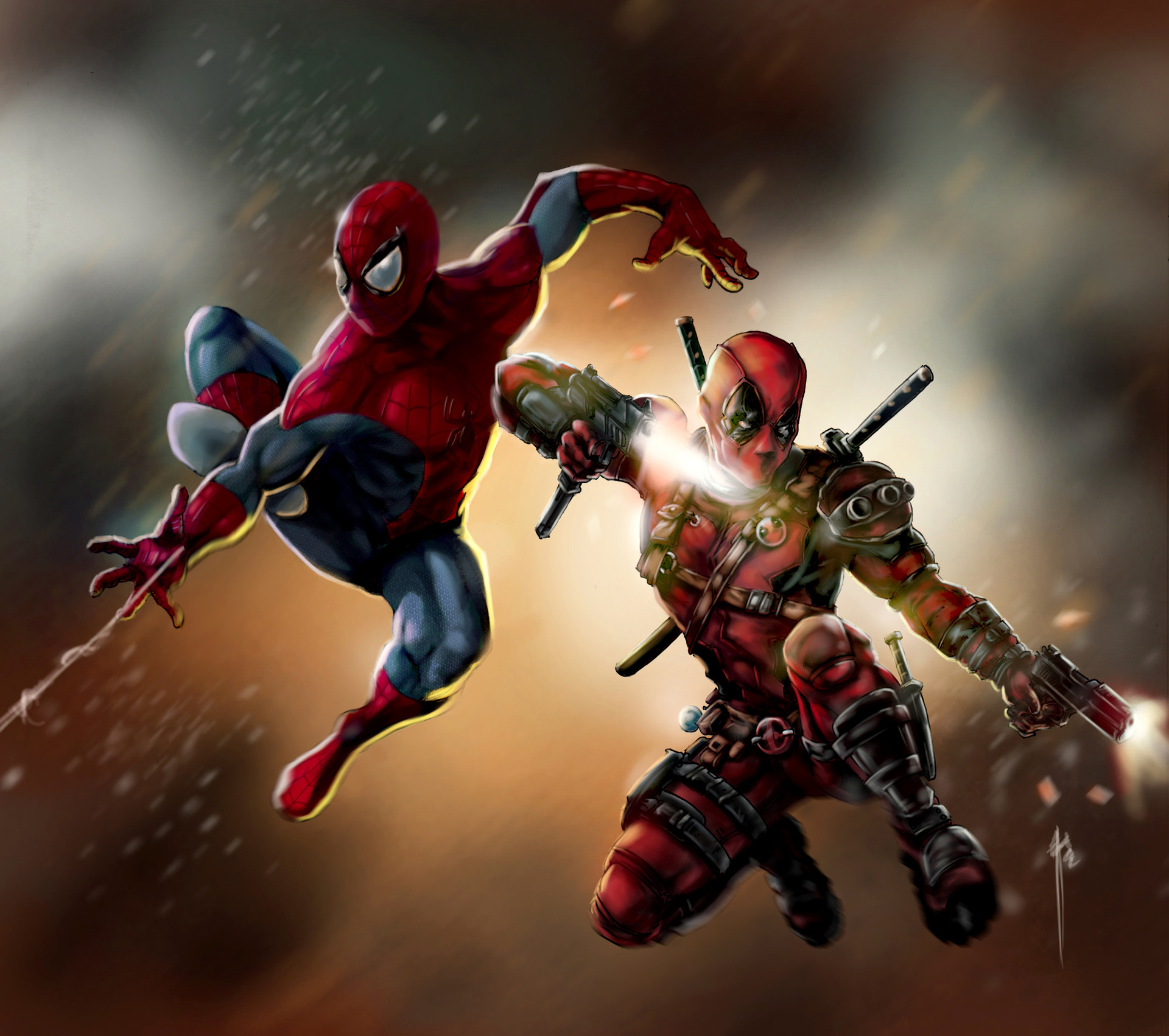 Artstation spiderman and deadpool fanart