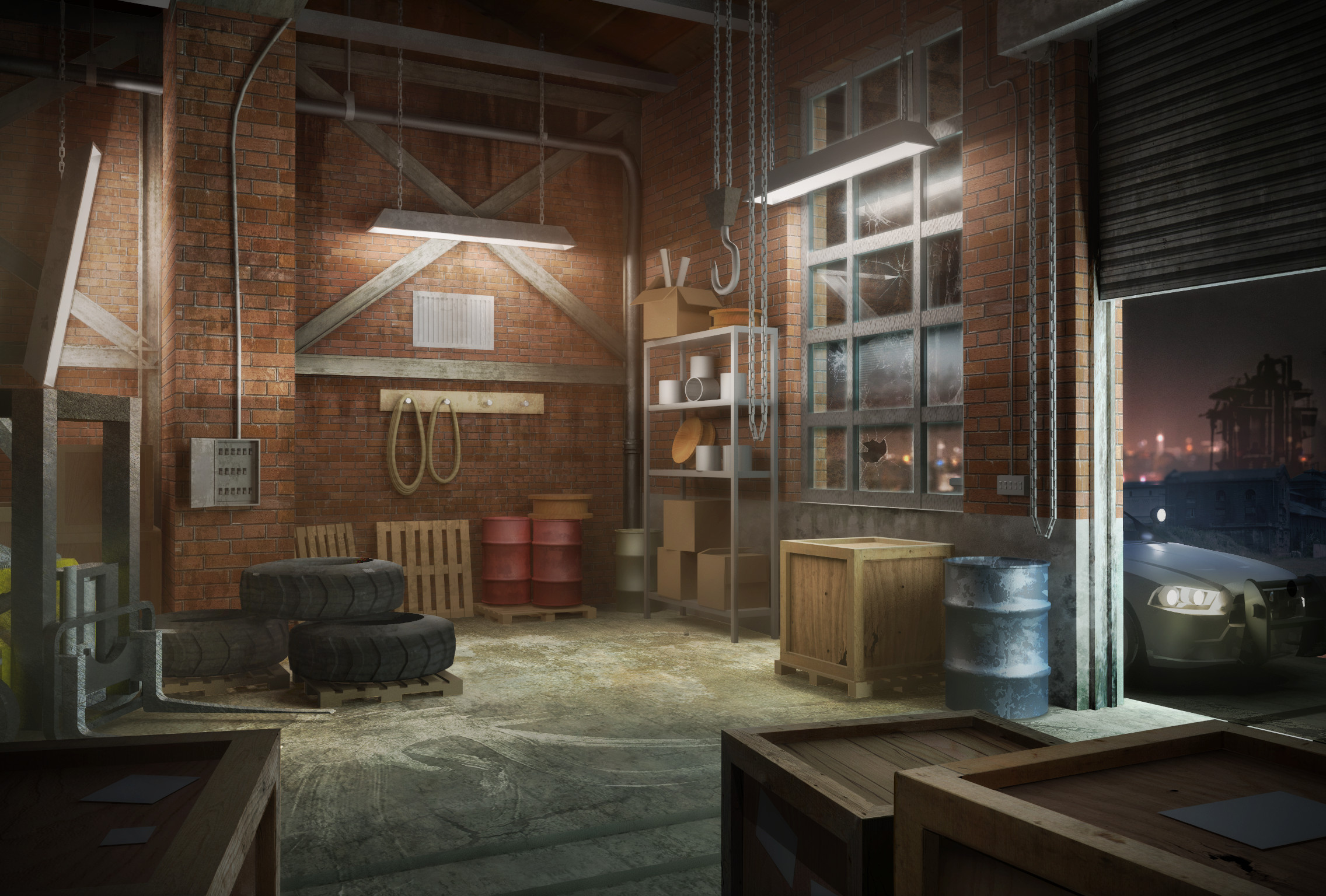 Initial Warehouse scene (heavy on 2D paintover)