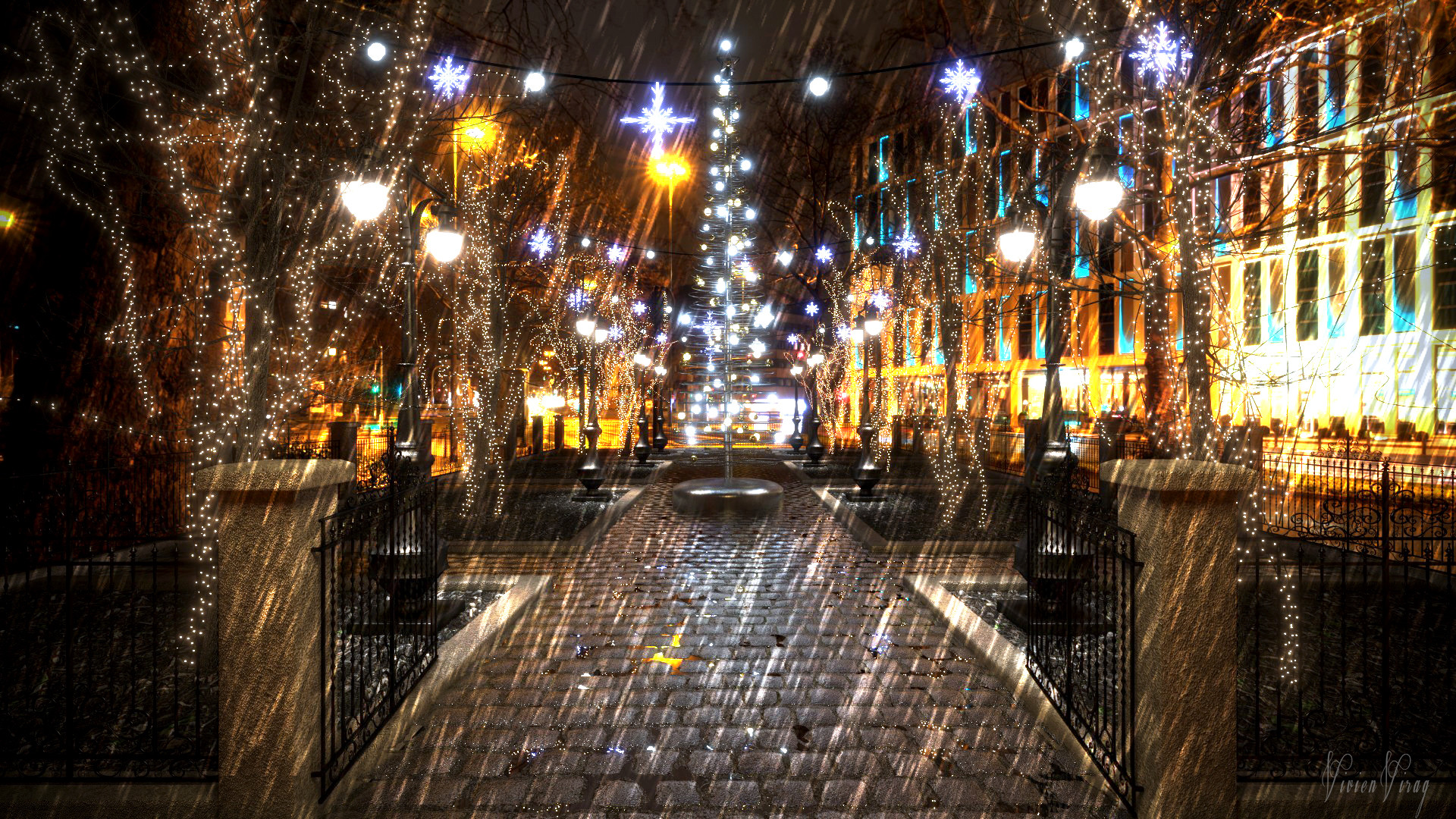 ArtStation "Christmas Lights" Rain in the Park.