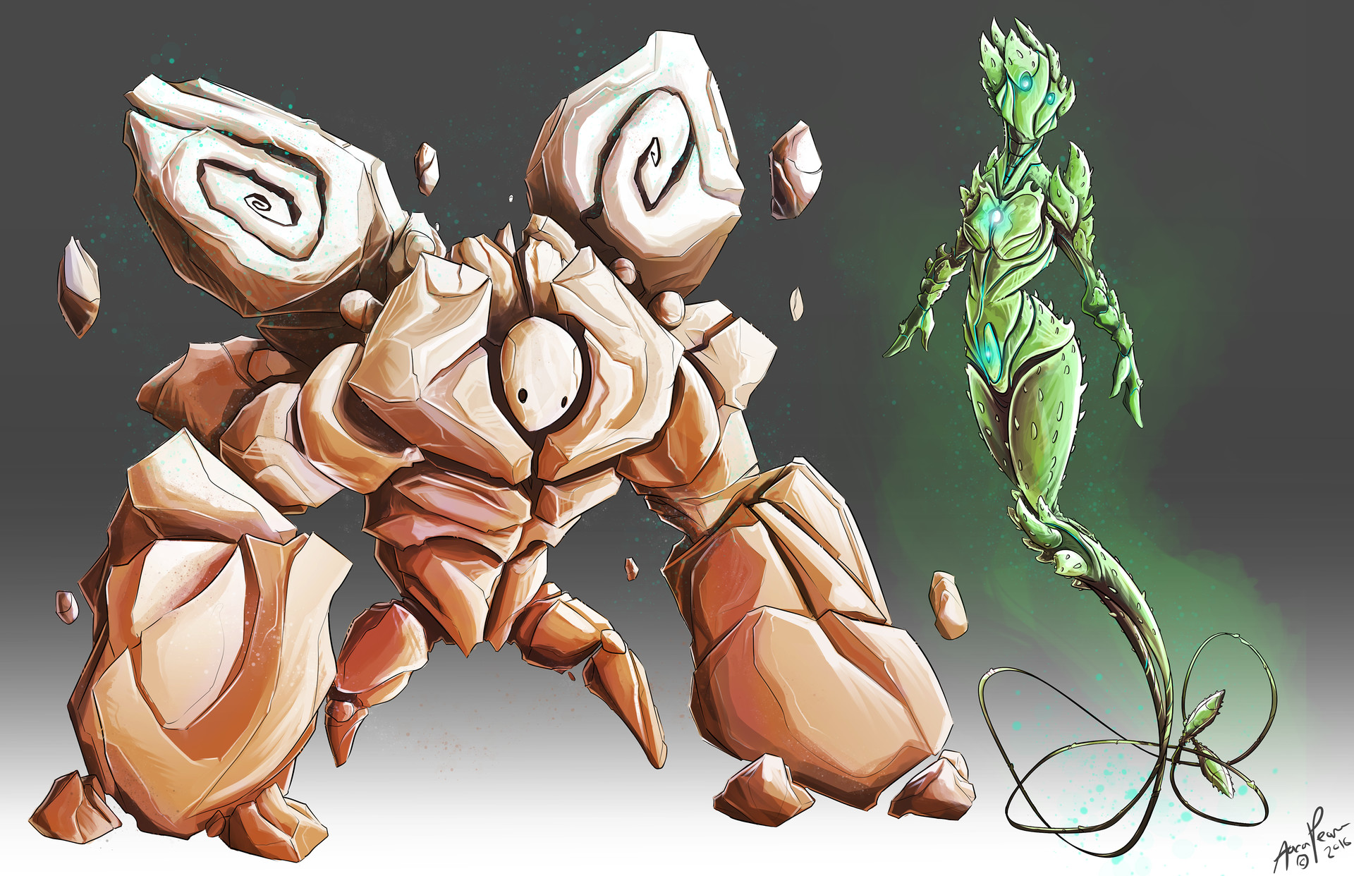A Well Stone Golem on the left and an Aloe plant Spirit on the right. 