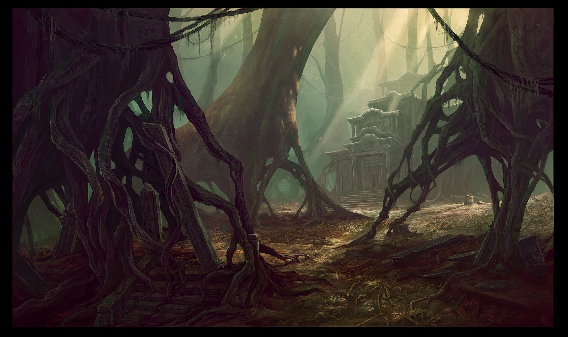 Темные локации. Feng Zhu Forest. Environment Art. Roots Fantasy Art. Deep Jungle.