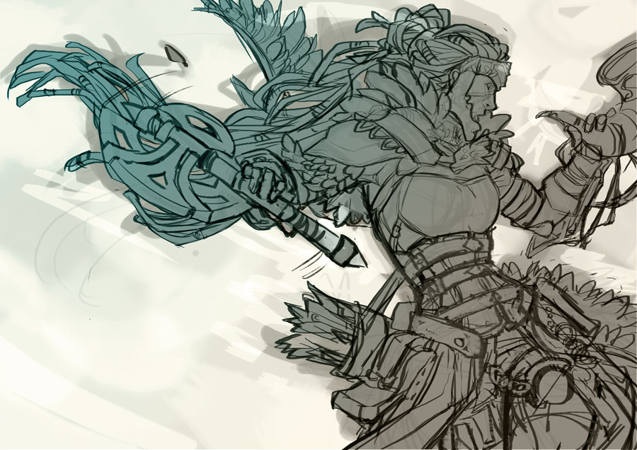Refining sketch, adding Armor, Weapons &amp; more details